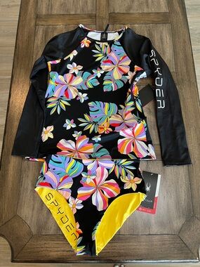 Spyder women’s Black Floral Long-Sleeve Rashguard & Yellow-Accent Bikini Bottoms